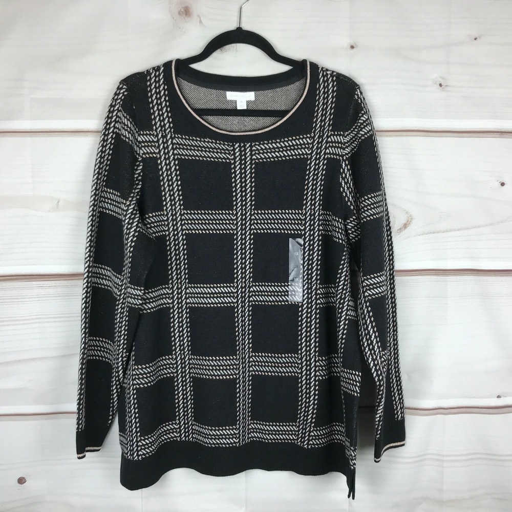 Charter Club Sweater Womens 1X Black Plaid Pullover Long Sleeve Round Neck Knit
